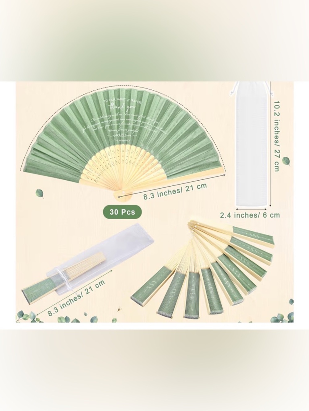 Silk Fabric Folding Fans Bulk Wedding Guests Thank You Bamboo Hand Fan Green TY - Picture 8 of 8